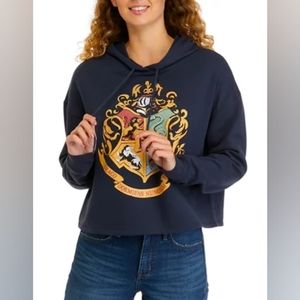 Harry Potter Juniors' Long Sleeve Hogwarts Graphic Cropped Hoodie, L, Navy, NWT